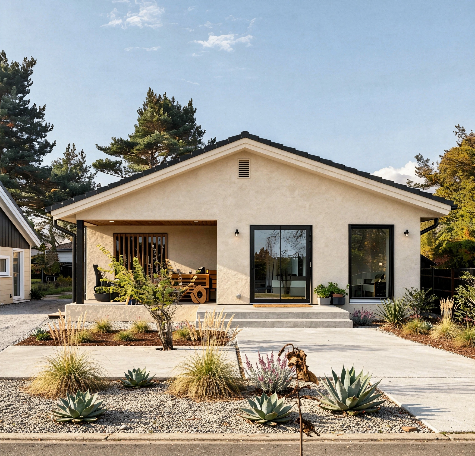 Modern ADU backyard home design Los Angeles with outdoor seating and landscaping