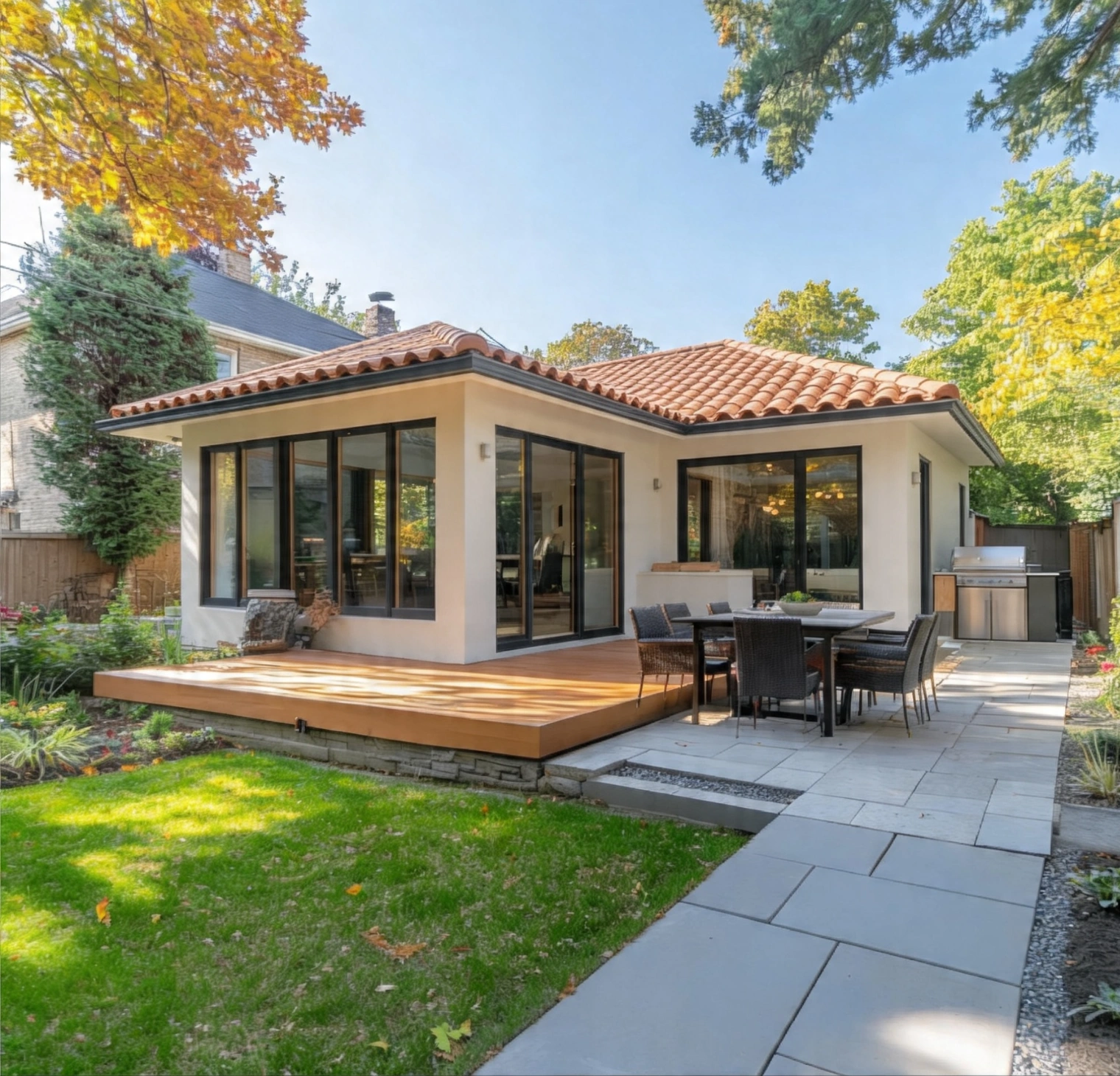Luxury backyard ADU with patio deck and large glass doors in residential Los Angeles property