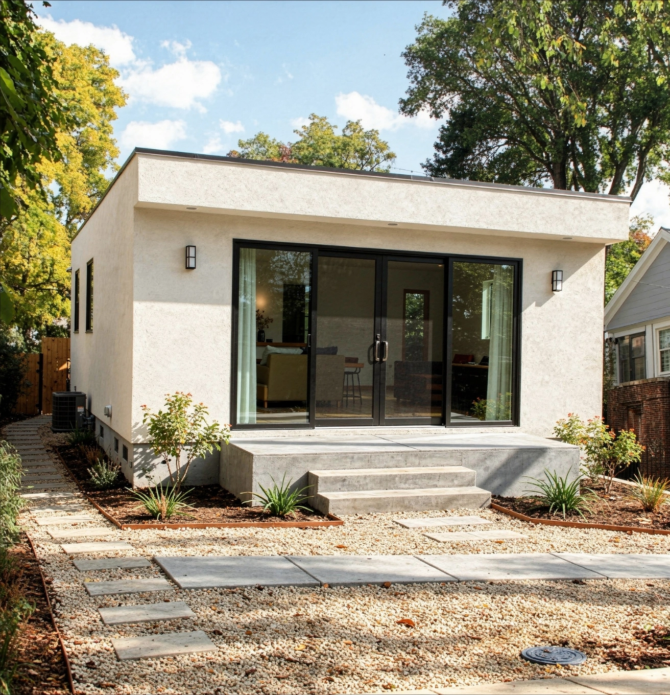 Contemporary ADU unit with minimalist design and sliding glass doors in Los Angeles
