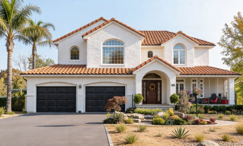 Custom home construction in Los Angeles with Spanish style architecture and double garage