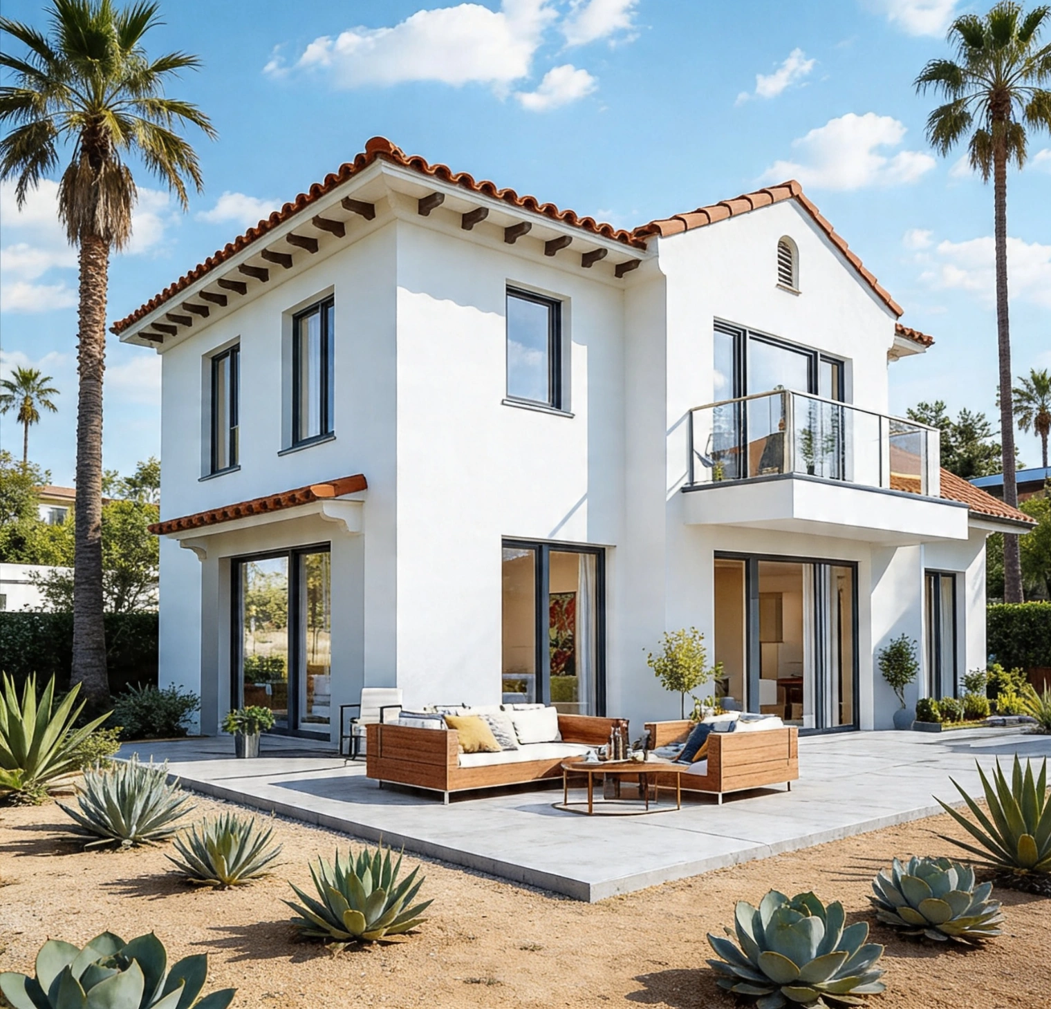 Luxury two story custom home with outdoor patio and palm trees in Los Angeles