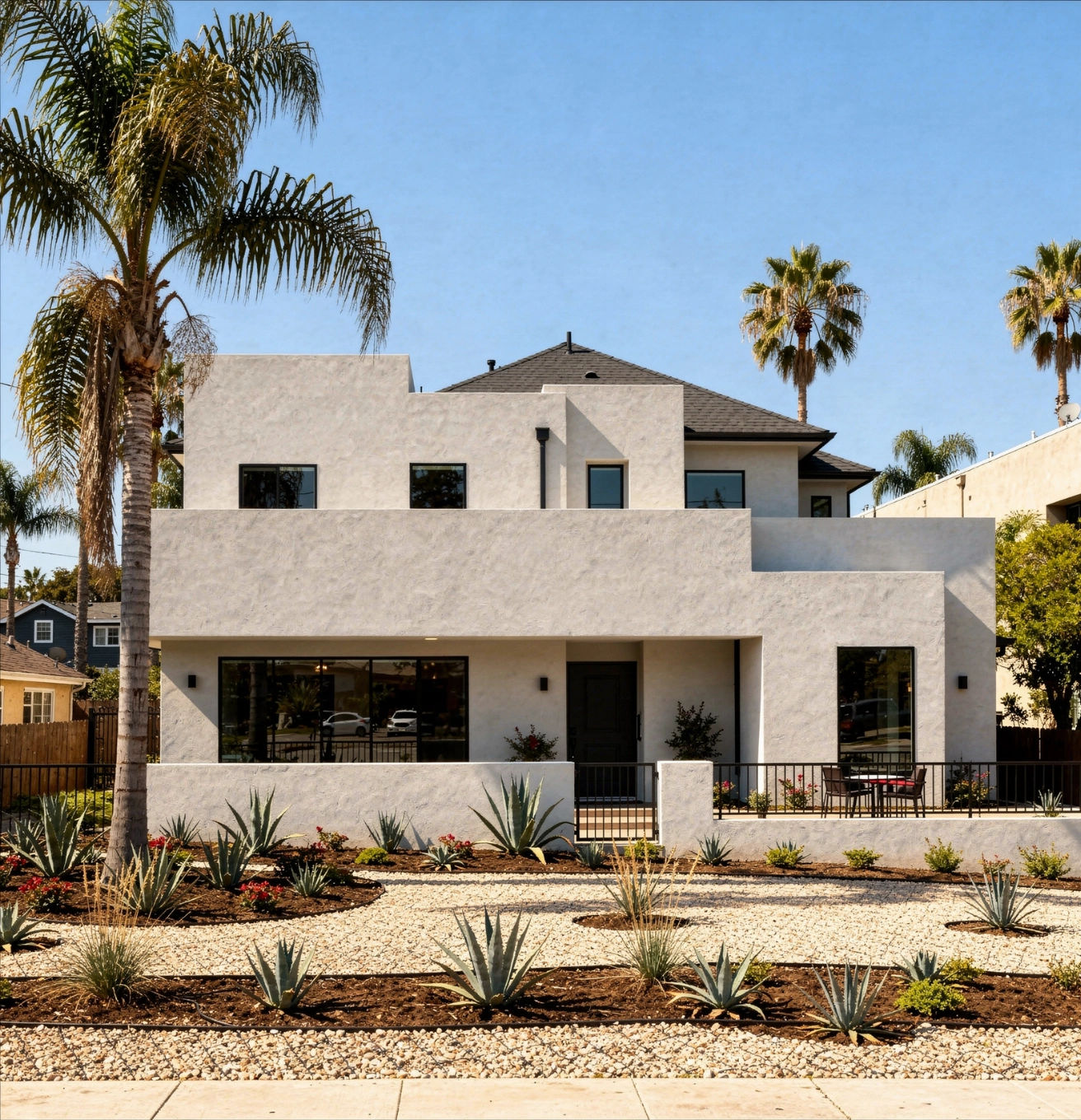 Modern white custom home construction with balcony and clean design in Los Angeles