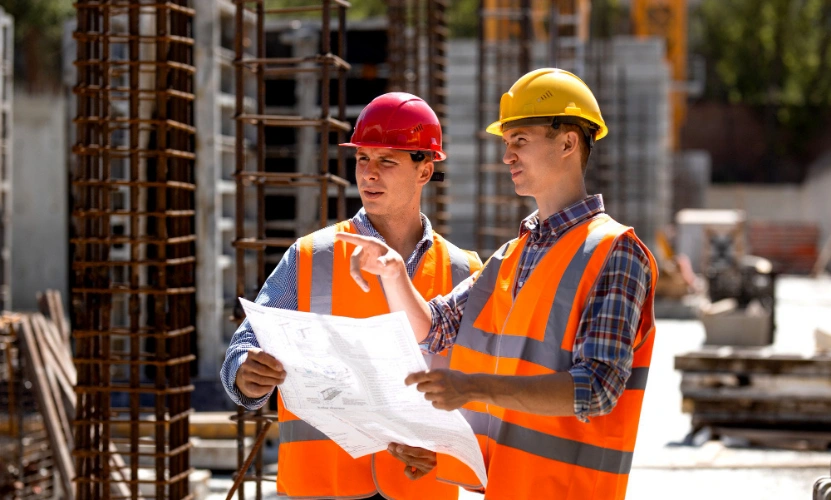 General contractors reviewing construction plans on residential building site in Los Angeles