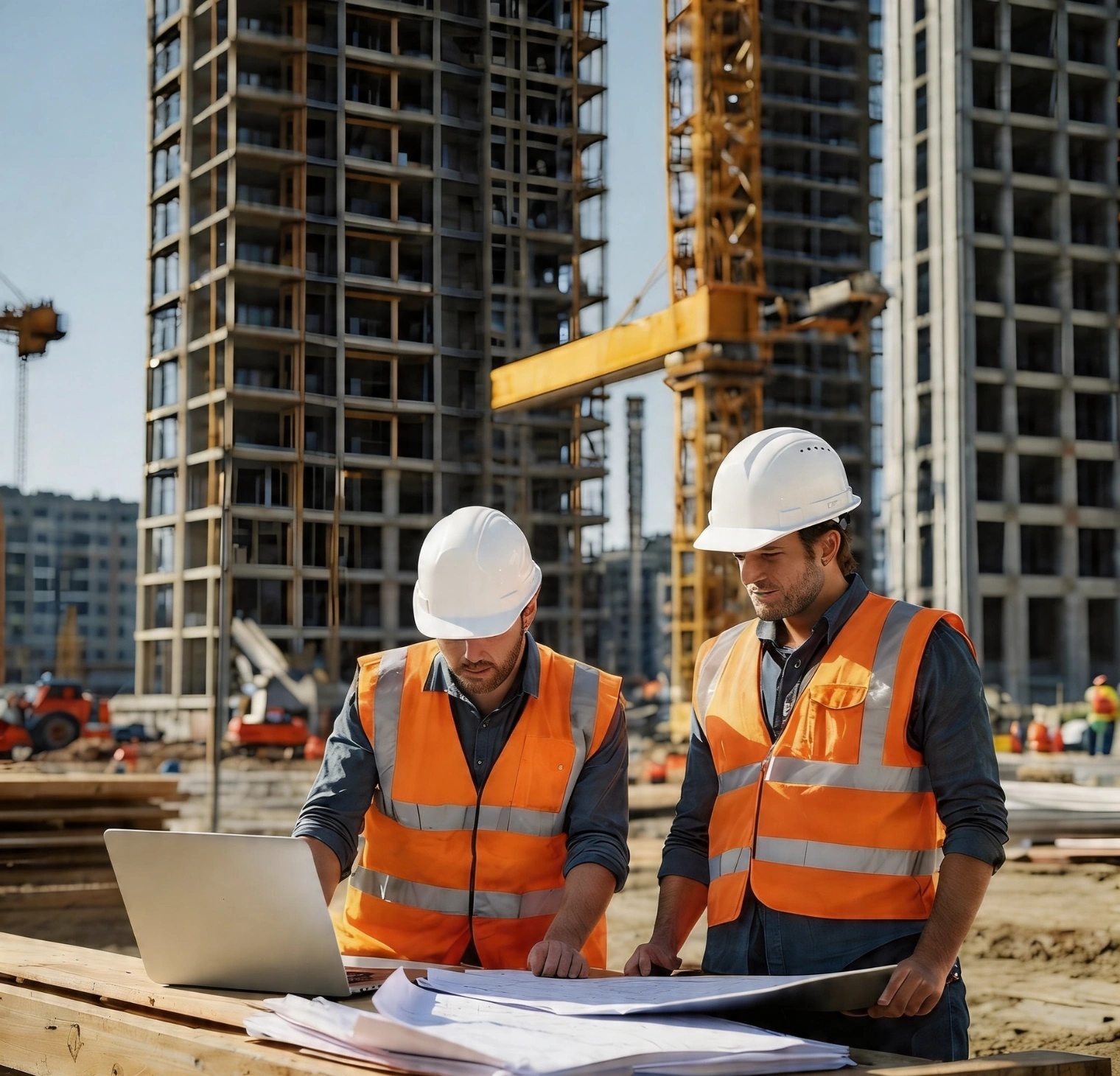 Construction engineers discussing project development at commercial job site Los Angeles