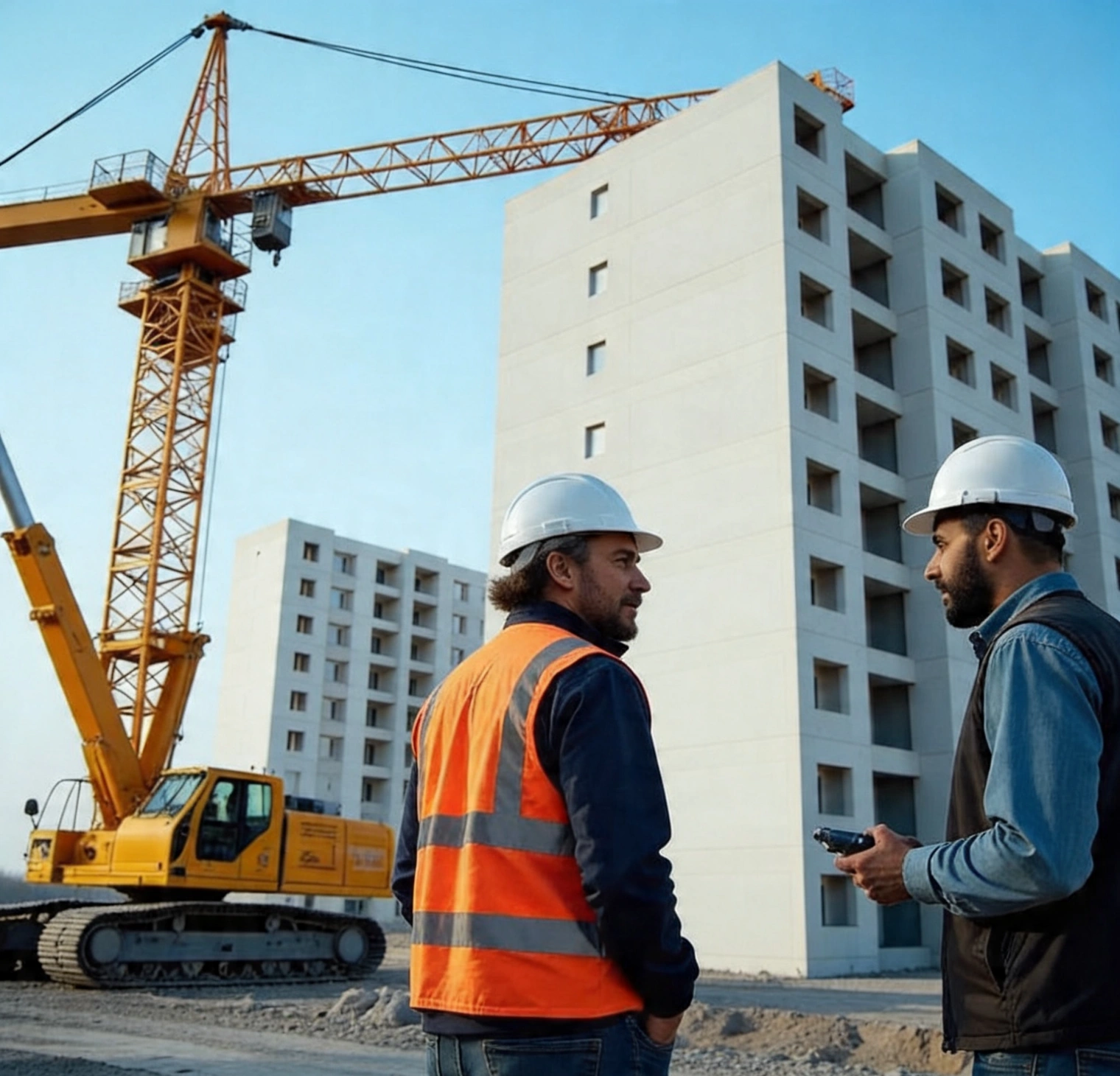 Professional contractors working on blueprint planning at active construction site