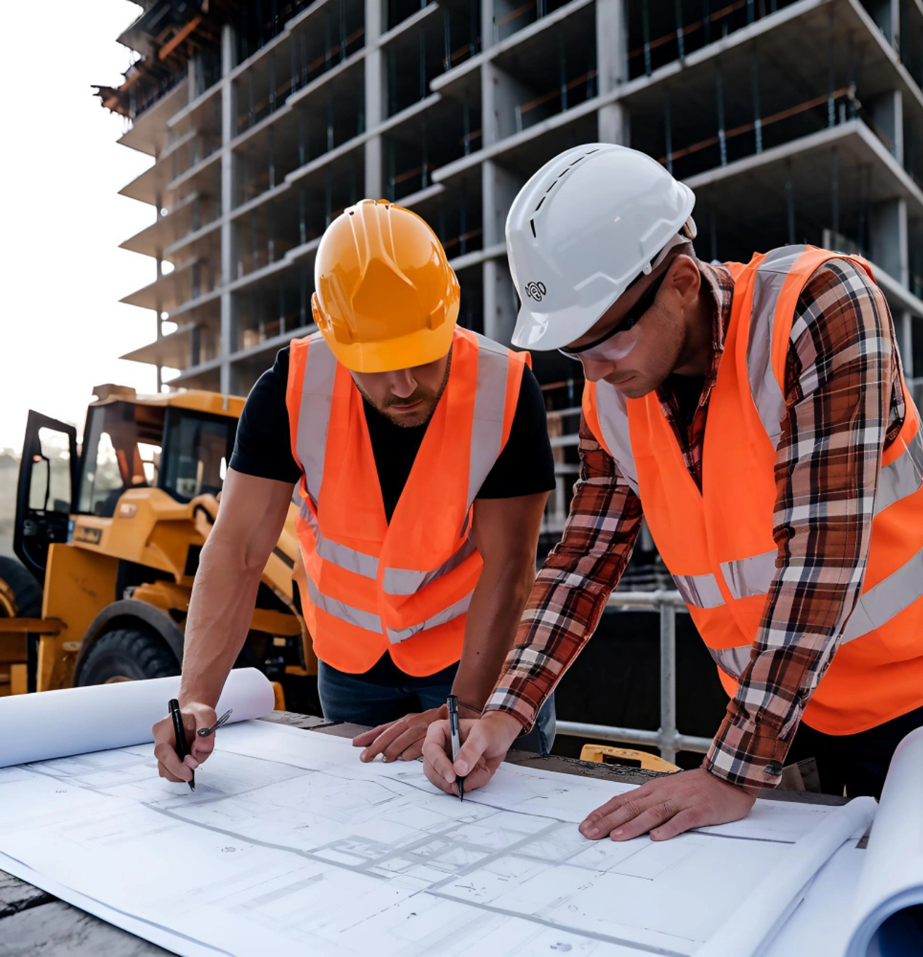Construction team analyzing building plans with heavy equipment and cranes in background
