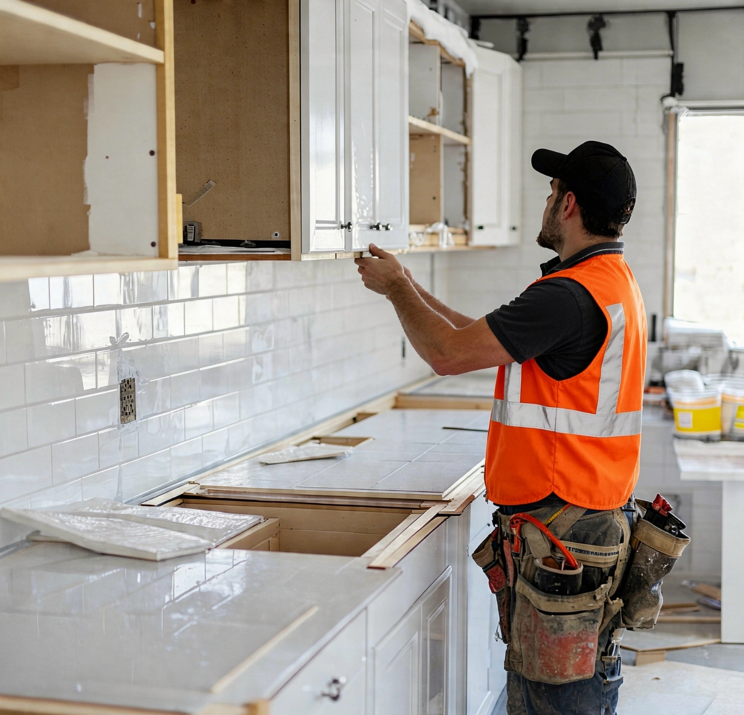Kitchen remodeling project in Los Angeles with contractor installing cabinets and backsplash
