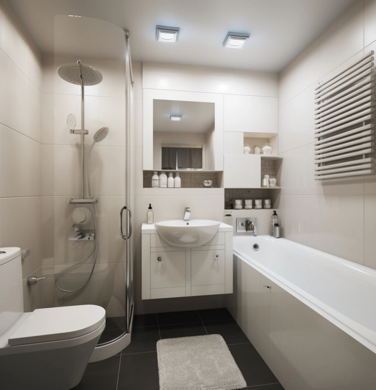 Modern bathroom remodeling in Los Angeles with shower, vanity, and tiled walls