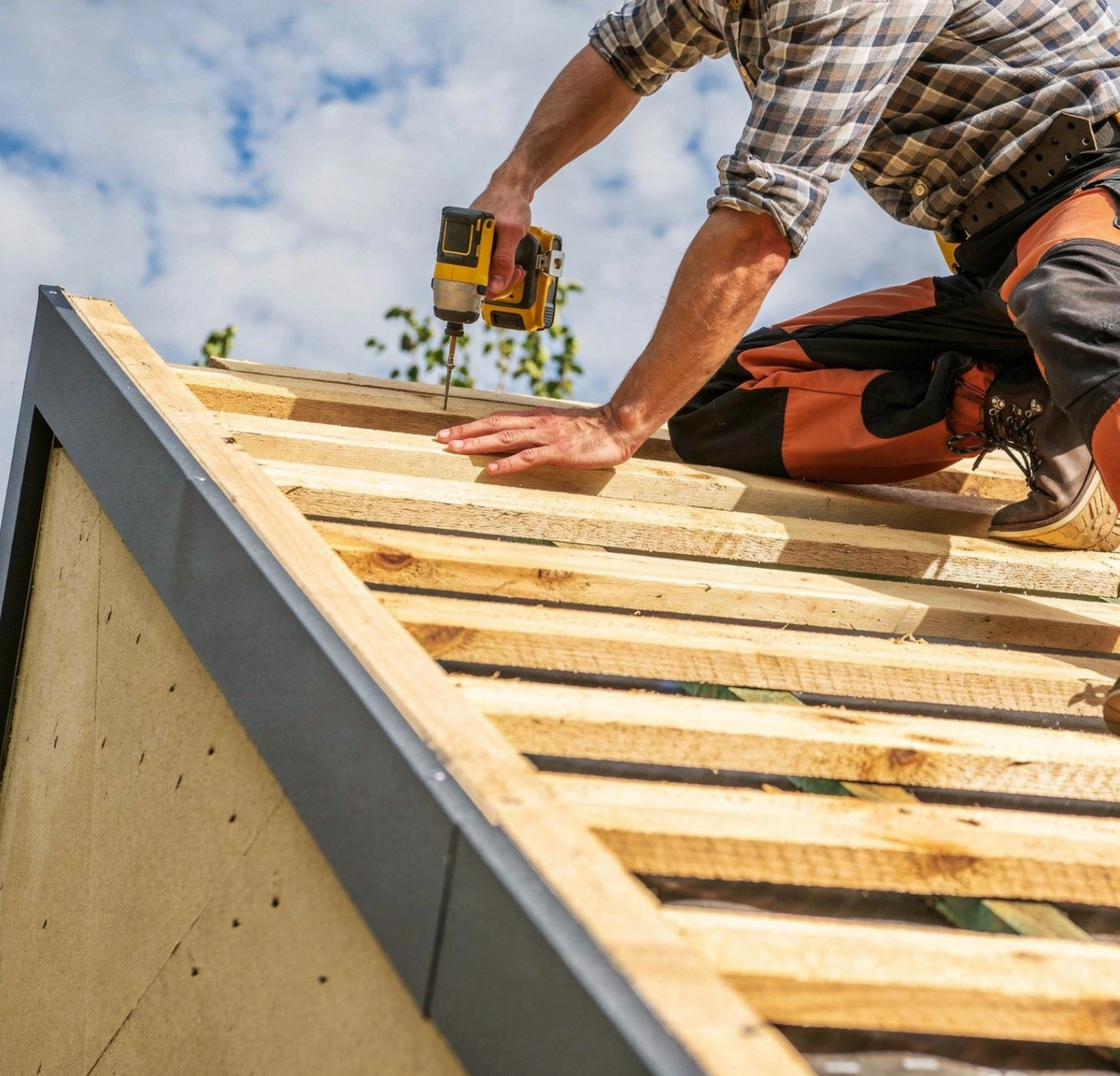 Professional roofing work in Los Angeles with contractor drilling roof structure