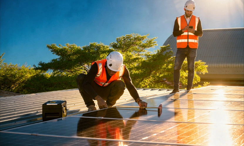 Solar panel installation in Los Angeles with technicians installing rooftop solar system