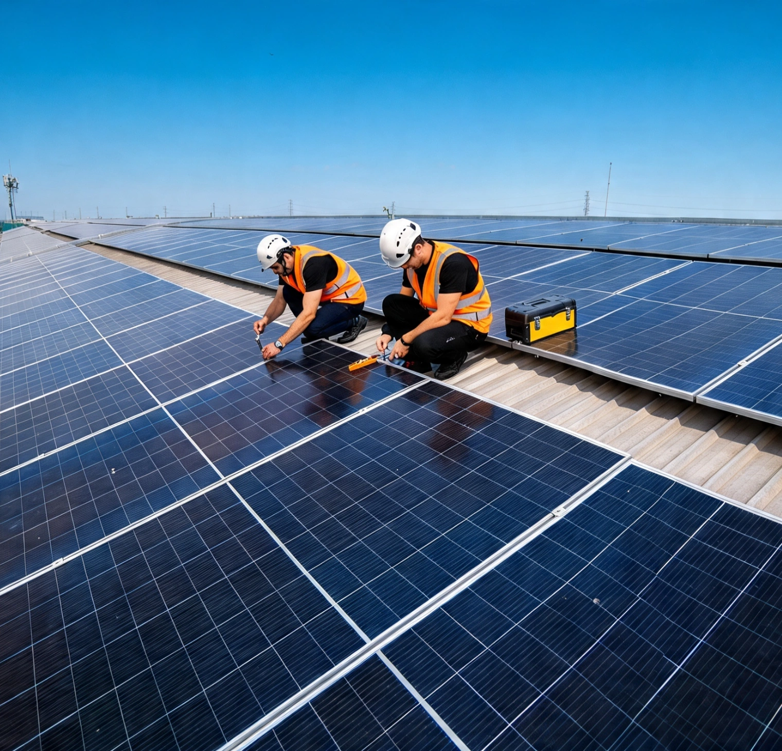 Solar energy system setup in Los Angeles with workers fixing photovoltaic panels