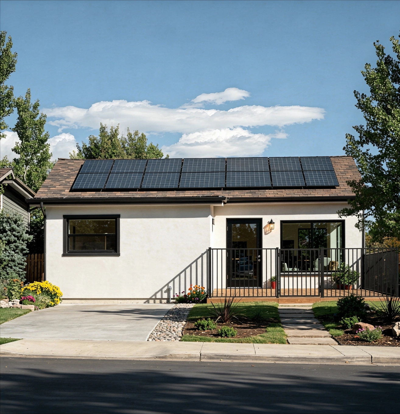 Modern home with rooftop solar panels installed in Los Angeles neighborhood